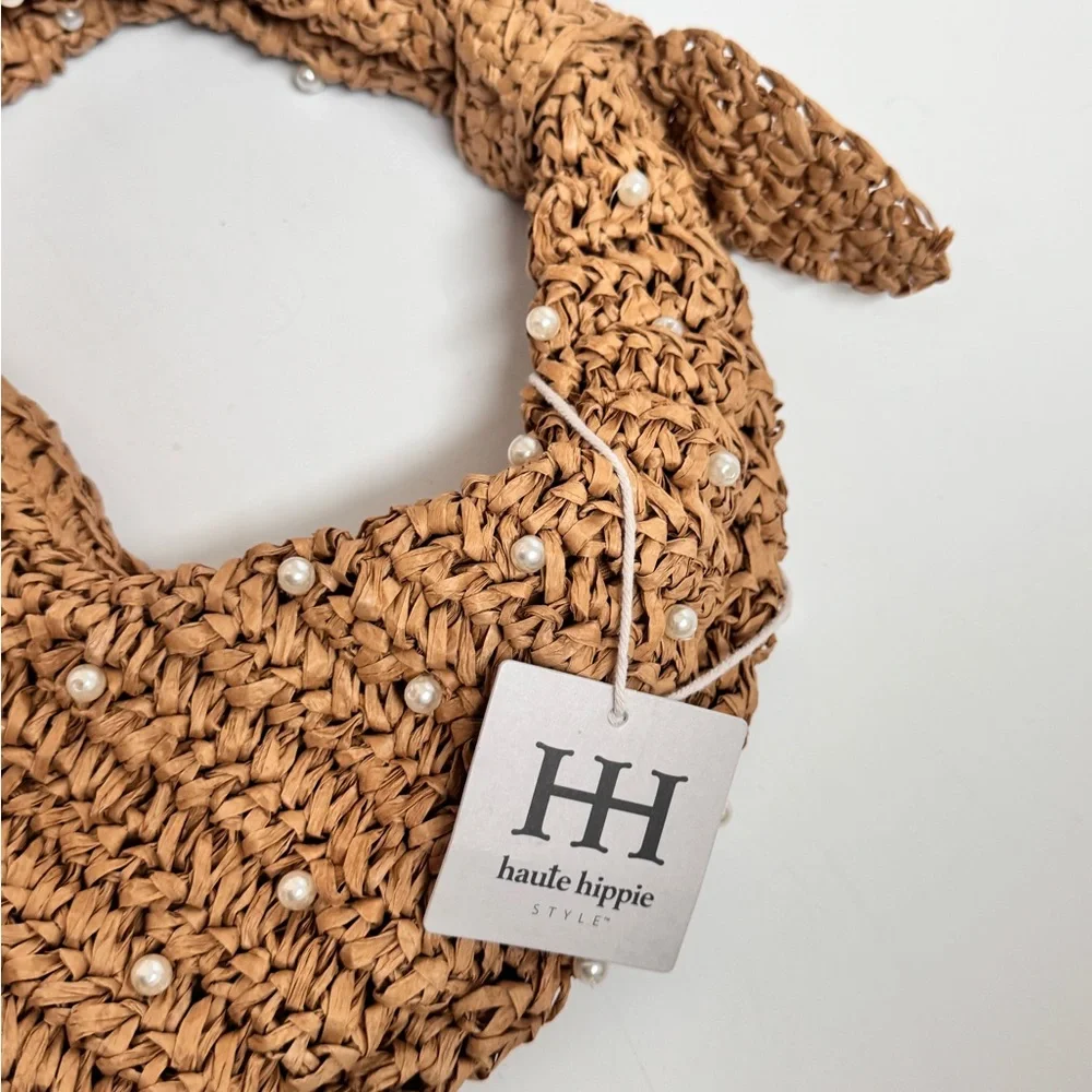 NWT Haute Hippie Straw Pearl-Embellished Woven Shoulder Hobo Bag in Natural Tan